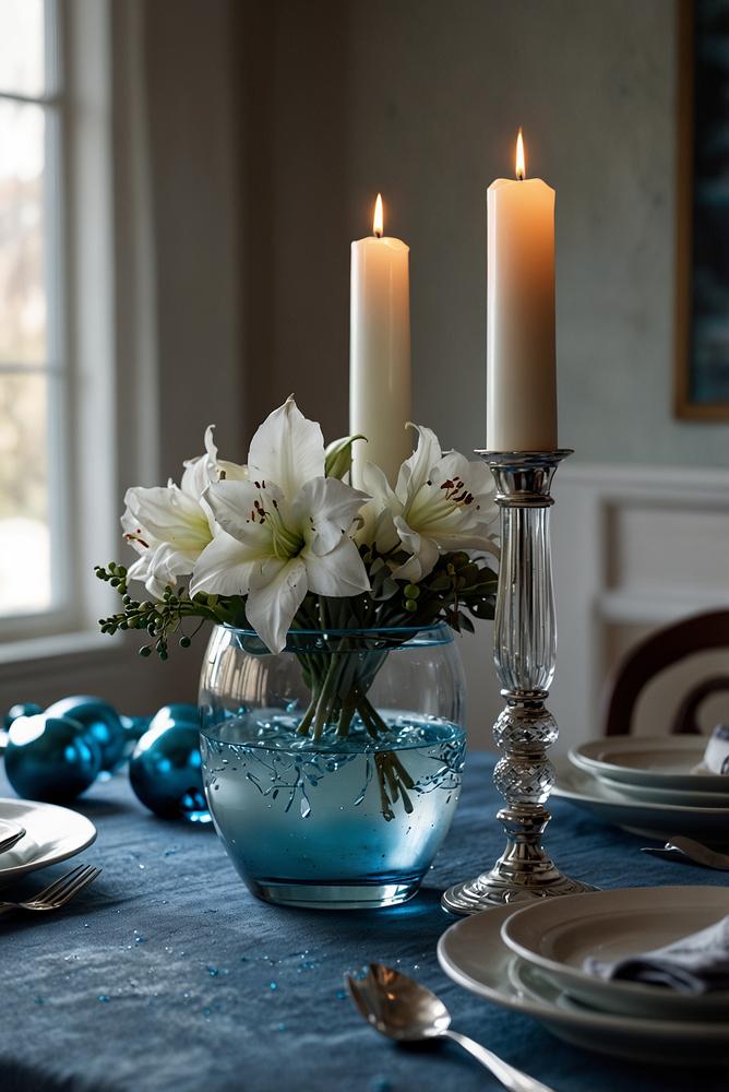Weihnachtsdeko in Blau und Silber am Esstisch