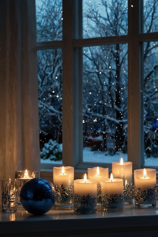 Fensterbank mit moderner Weihnachtsdeko in Blau und Silber