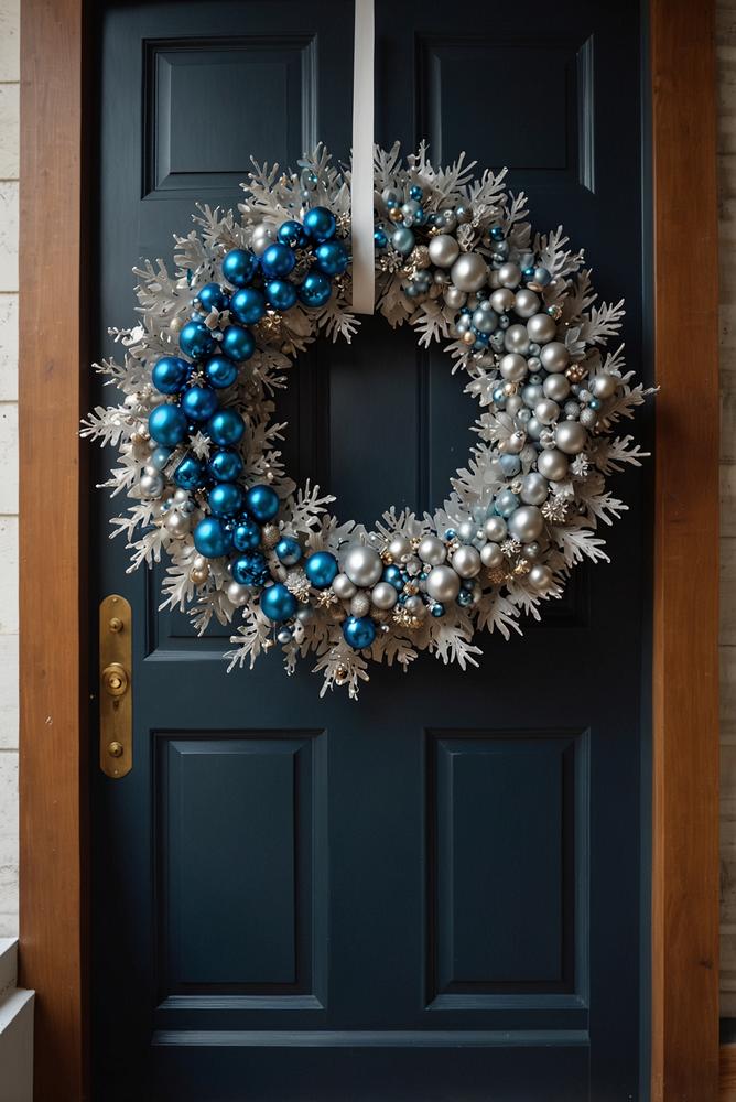Haustürkranz in Blau und Silber mit Weihnachtsdeko