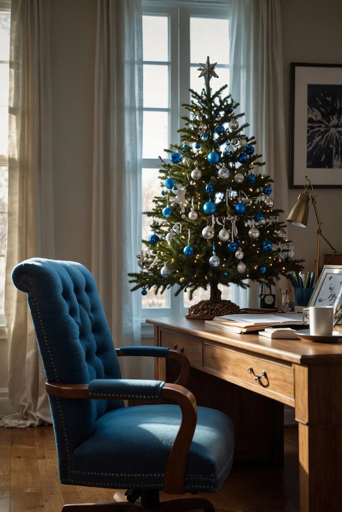 Modernes Home-Office mit Weihnachtsdeko in Blau und Silber