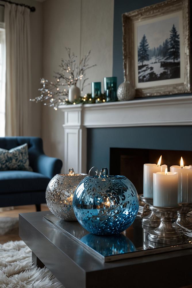 Moderner Kaminsims mit Weihnachtsdeko in Blau und Silber