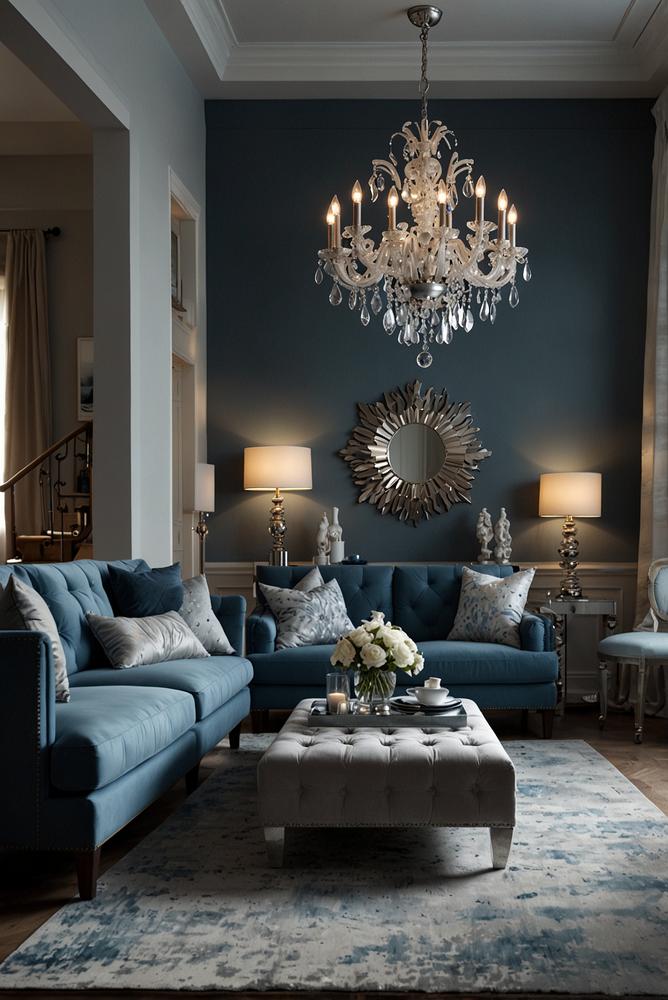 Weihnachtsdeko im Raum mit blau-silbernem Kronleuchter