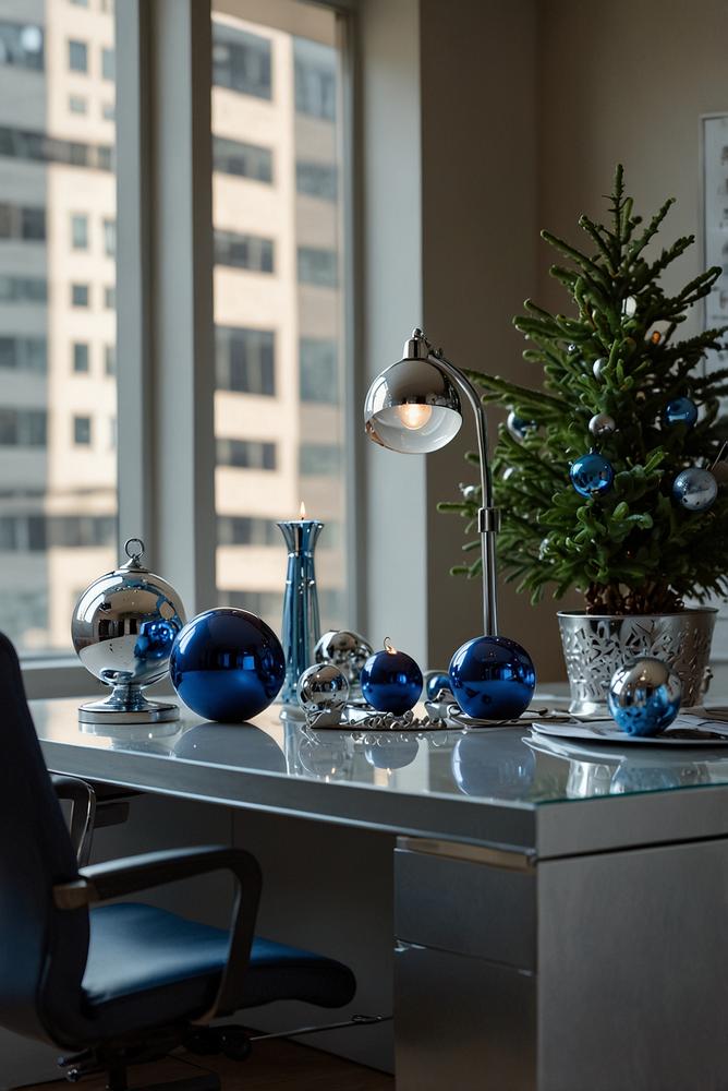 Elegantes blau-silbernes Weihnachtsdeko Büro Arrangement
