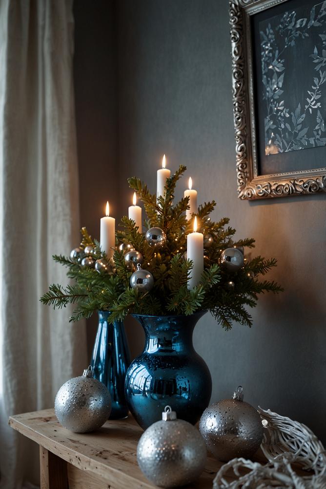 Moderne weihnachtliche Deko in Blau und Silber auf Sideboard