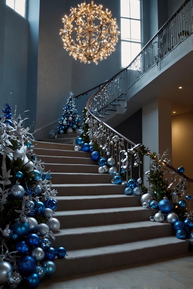 Weihnachtsdeko Treppe blau silber Girlanden hell