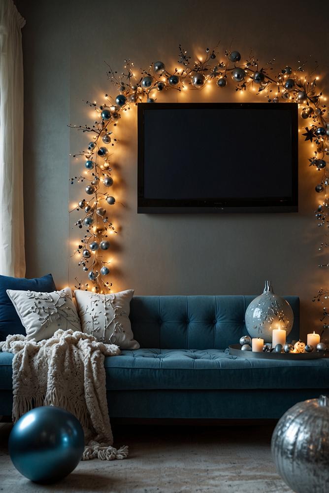Weihnachtsdeko in Blau und Silber an moderner TV-Wand