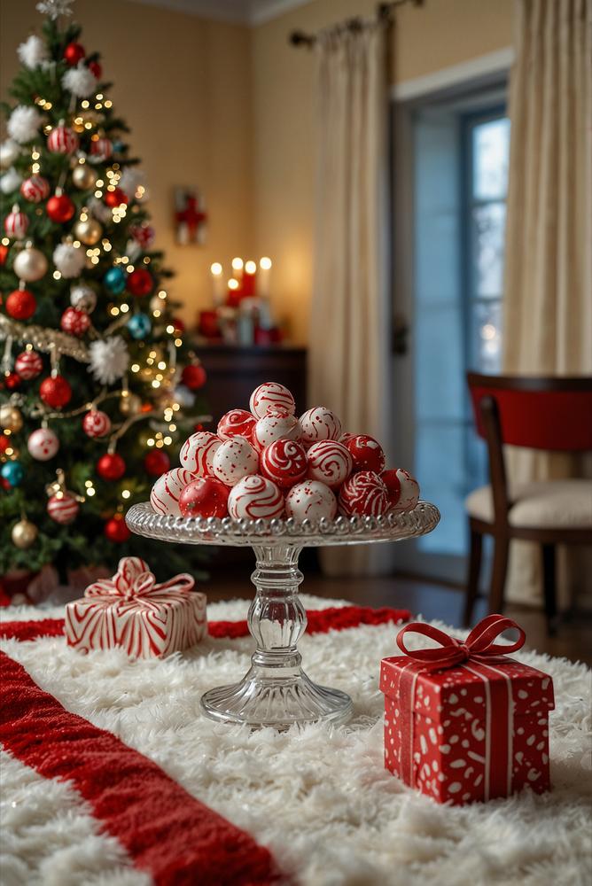 Helle Candy-Cane Weihnachtsdekoration mit bunten Süßigkeiten