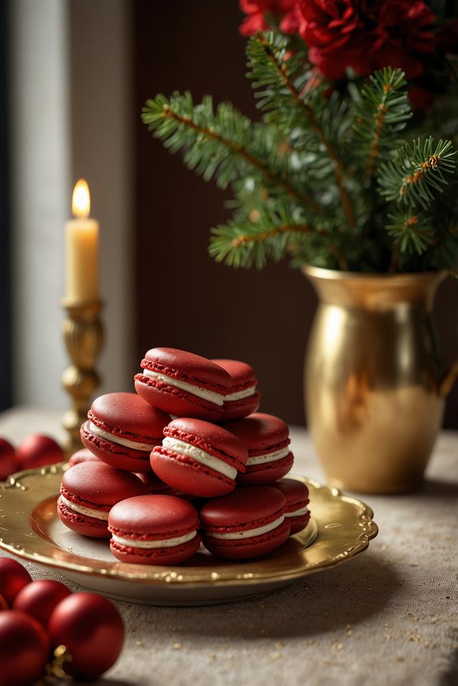 Weihnachtlicher Desserttisch mit roten Macarons und goldenen Tellern
