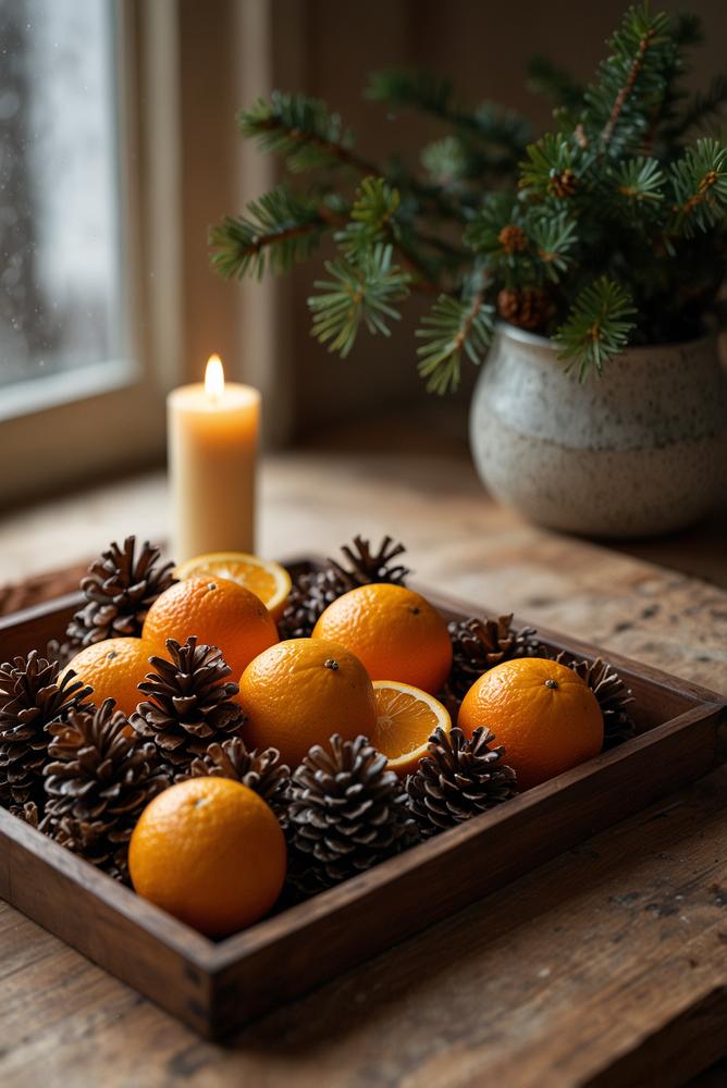 Weihnachtliche Deko mit Duftkerzen und Kiefernzapfen auf Sideboard