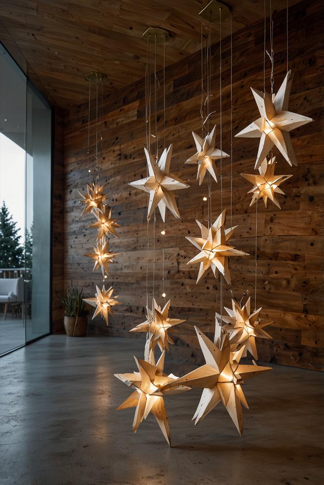 Helle Weihnachtsdeko mit hängenden Holzsternen im Flur