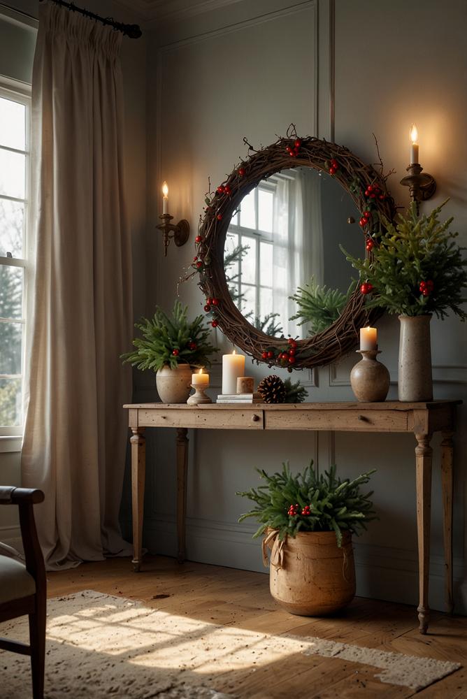 Spiegel mit Tannenzweigen und Weihnachtsdeko im Flur