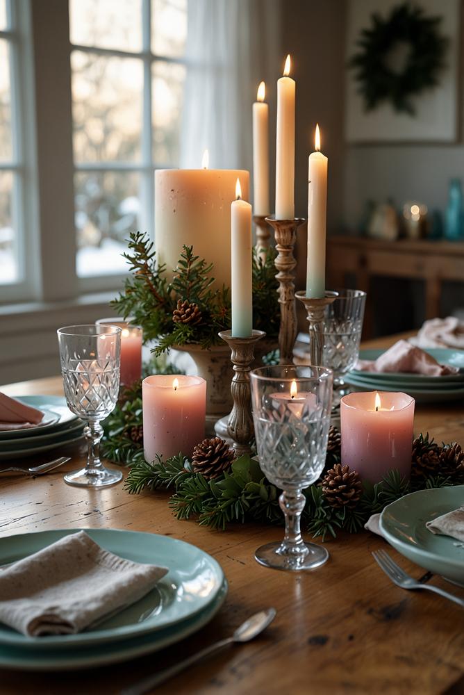 Pastellfarbene Kerzen auf weihnachtlich dekoriertem Esstisch