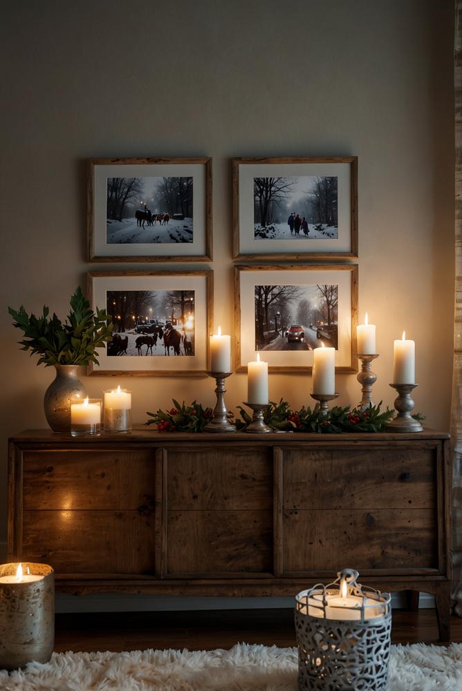 Weihnachtliche Familiengalerie auf Sideboard mit Fotos und Deko