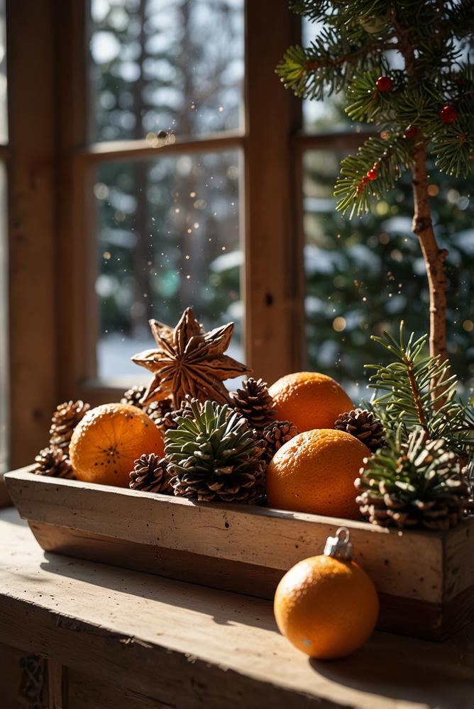 Fensterbank mit heller Weihnachtsdeko und Glassternen im Vintage-Stil