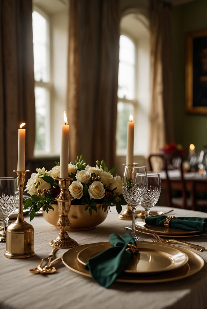 Goldene Akzente auf festlich gedecktem Esstisch