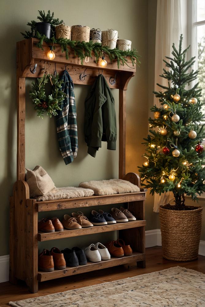 Schuhregal mit mini-tannen und lichterkette im weihnachtlichen flur