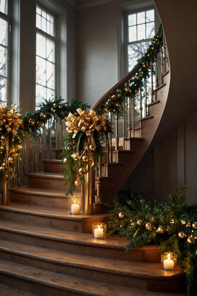 Funkelnde Weihnachtsgirlanden an Treppe und Geländer
