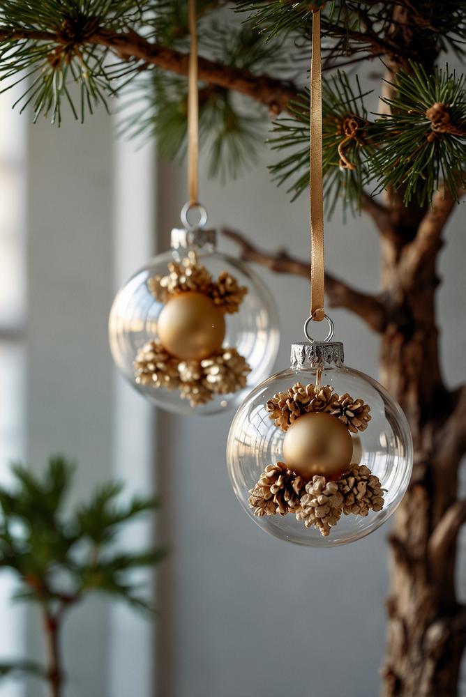 Gefüllte Glasanhänger mit getrockneten Tannenzweigen