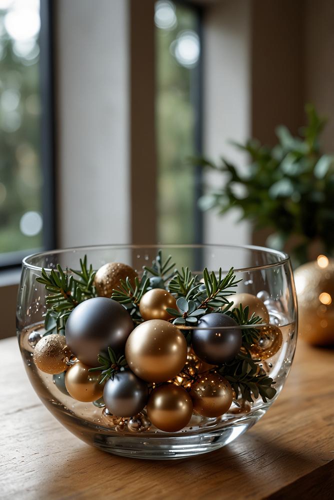 Elegantes Weihnachtscenterpiece aus Glas und Eukalyptus