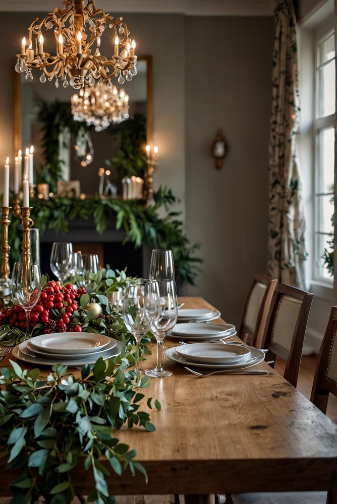 Grüne Girlanden und Eukalyptus auf festlich gedecktem Tisch