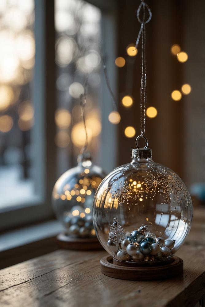 Helle Fensterdeko mit hängenden Glaskugeln und Lichterkette