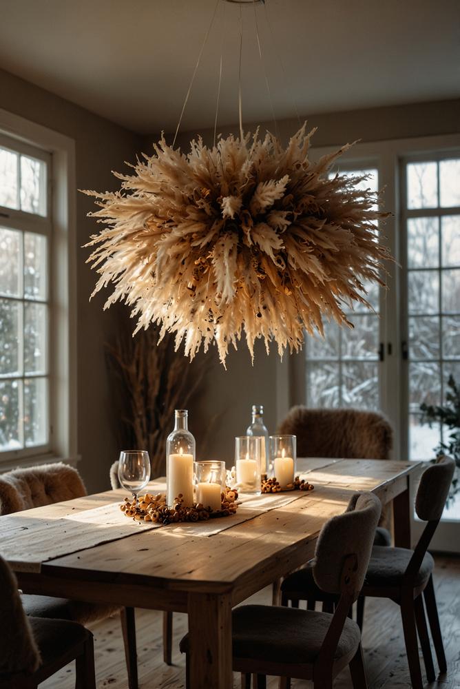Hängendes Trockenblumen-Mobile über Esstisch, warm und natürlich