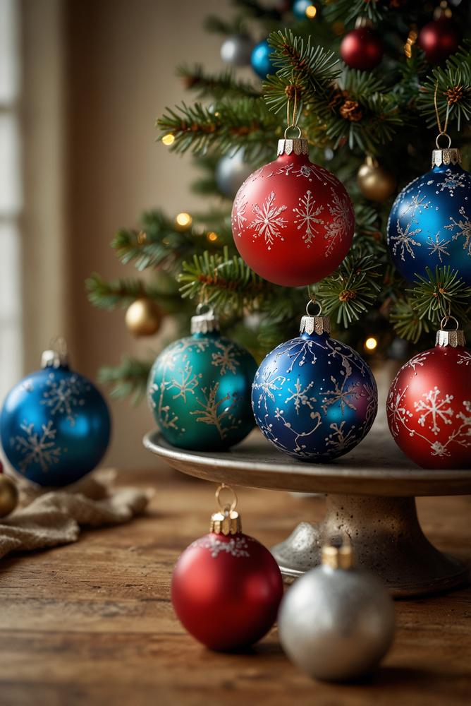 Handbemalte Glasornamente im Retro-Stil an Weihnachtsbaum