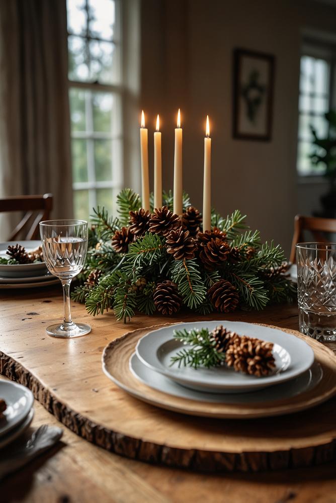 Natürliche Weihnachtsdeko mit Holzscheiben und Zapfen auf Tisch