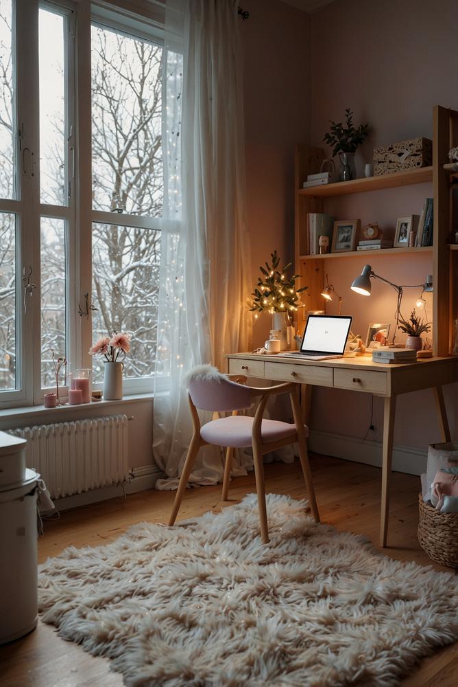 Home-Office mit pastellfarbener Weihnachtsdekoration, hell und freundlich
