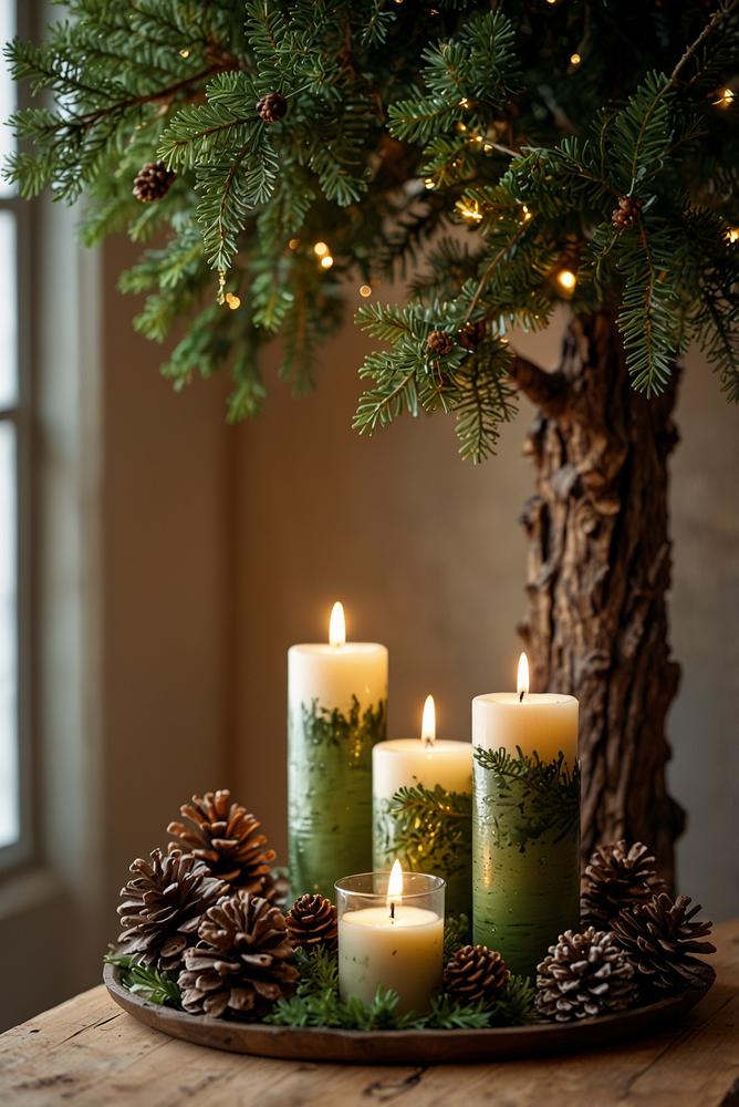 Home-Office Weihnachtsdeko mit Tannenzweigen und Zapfen