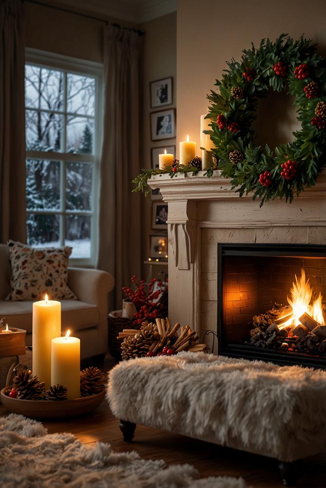 Adventskranz auf hellem Kaminsims mit Weihnachtsdeko