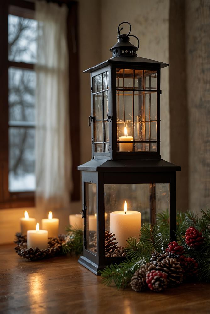 Gemütlicher Kamin mit Strickdecke und Laternen in warmem Licht