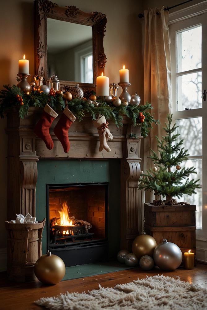 Weihnachtsdeko am Kamin mit silberkugeln und Girlanden im Vintage-Stil