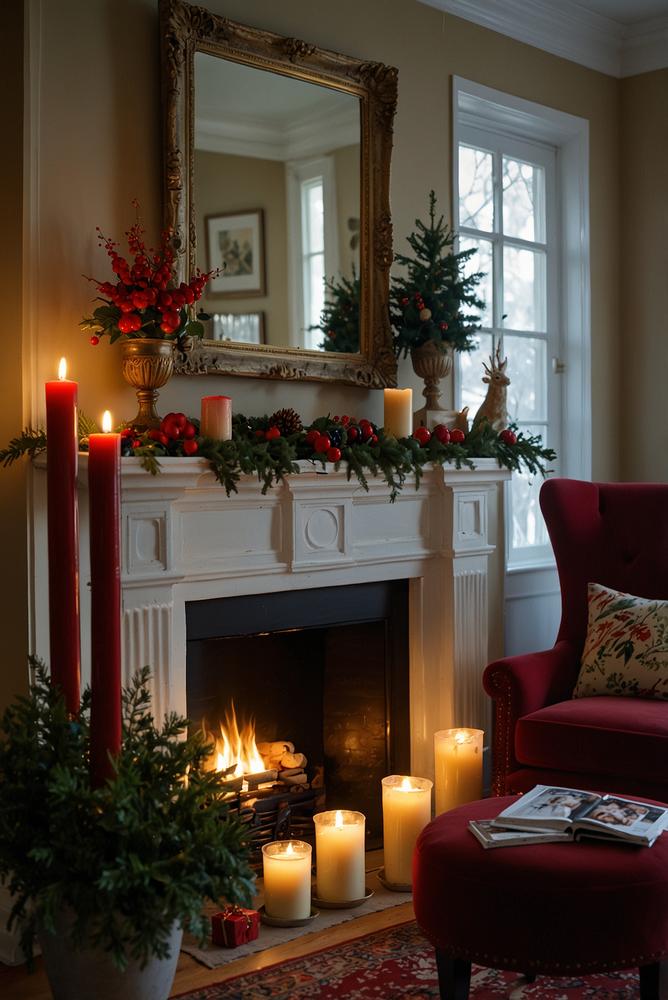 Weihnachtsdeko Kaminsims rote Stümpfe goldene Kerzenhalter