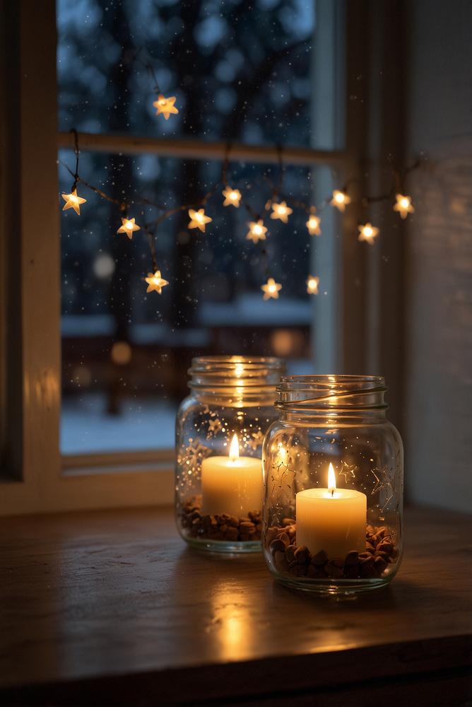 Kerzengläser und Sternlichter auf Fensterbank hell und einladend