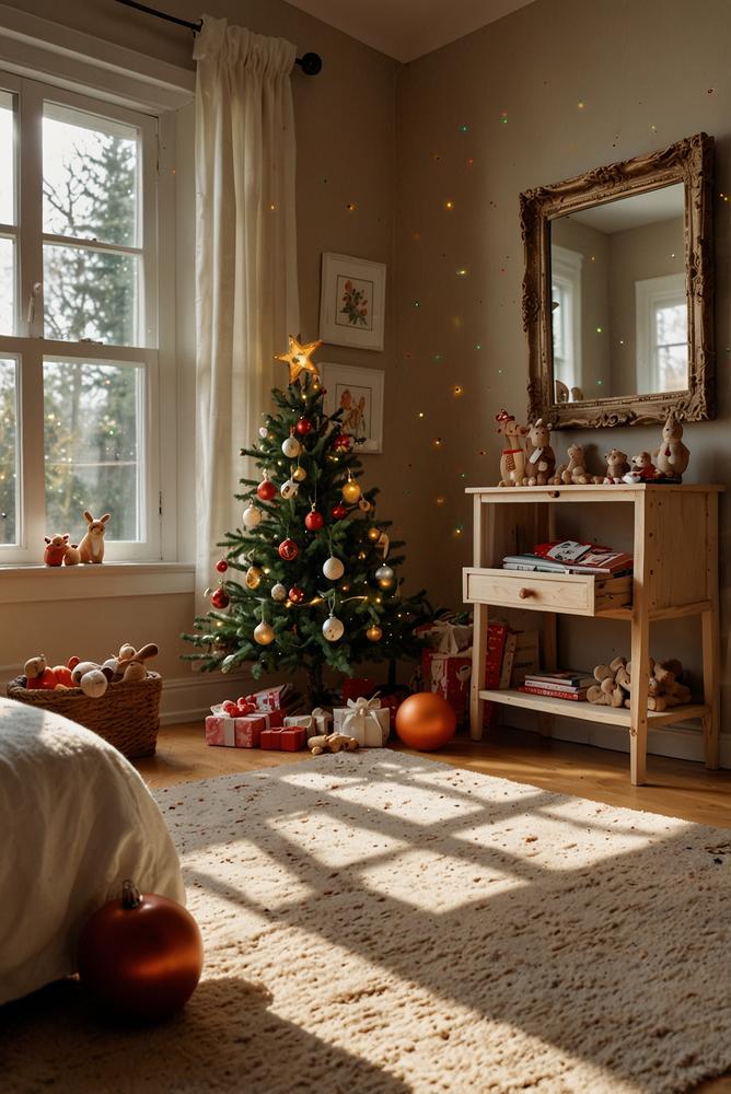 Kinderzimmer mit fantasievoller Weihnachtsdeko am Mini-Baum