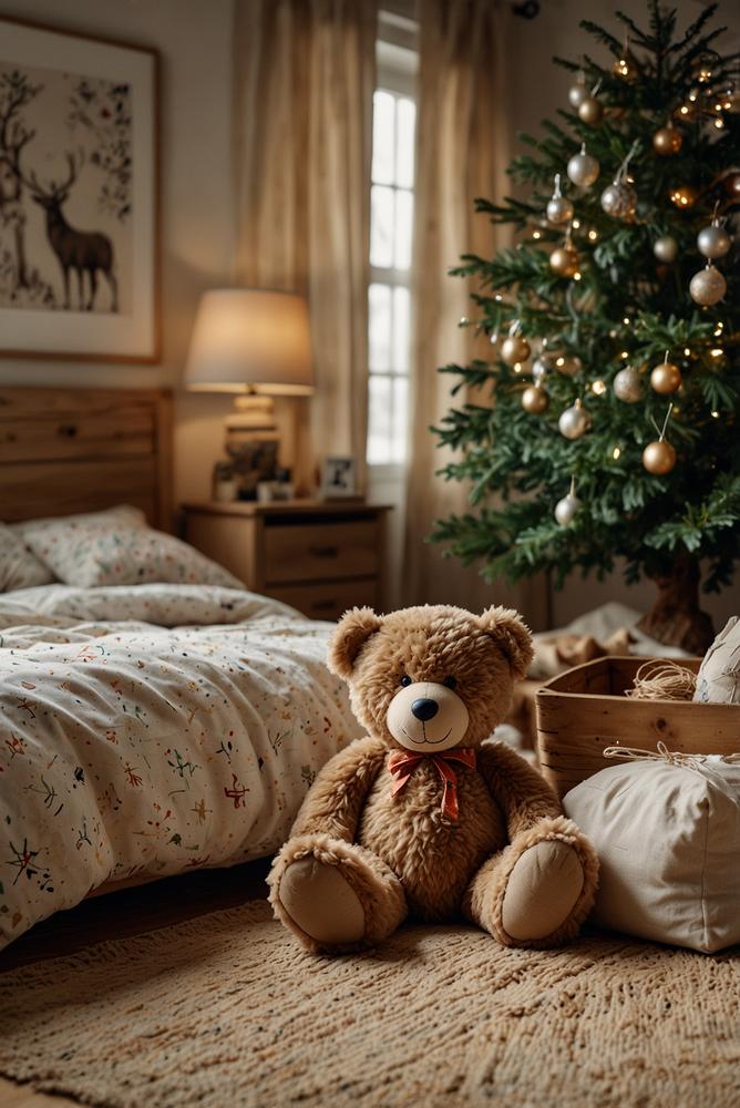 Weihnachtsdeko Kinderzimmer mit Plüsch und Holzspielzeug