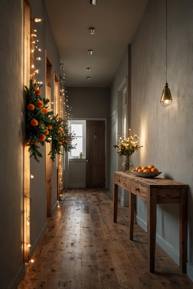 Weihnachtsdeko Lichterketten an Garderobe im Flur