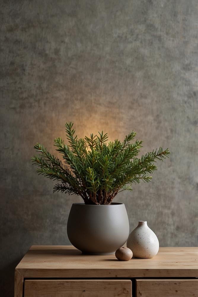 Minimalistische Weihnachtsdeko mit Skulptur, Pflanze und LED auf Sideboard