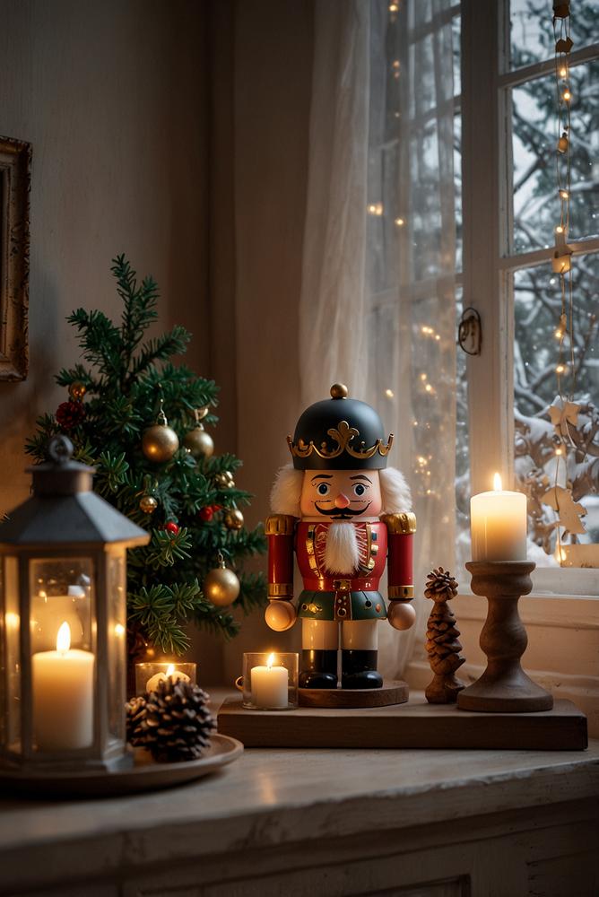 Helle festliche Fensterbank mit Nussknackern und Lichtervorhang