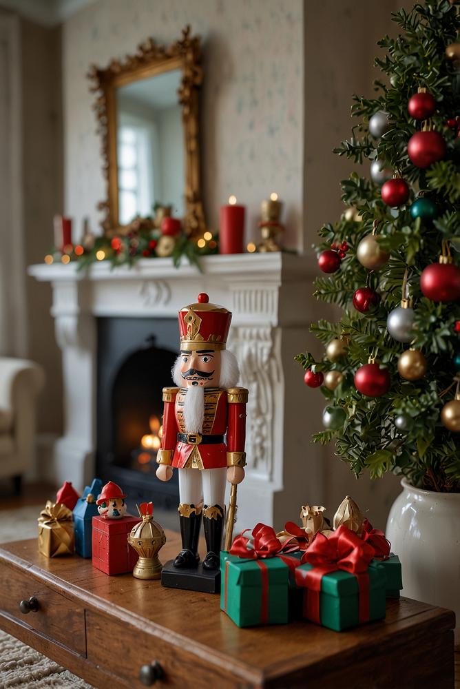 Kaminmantel mit festlicher Nussknackerdeko hell und einladend