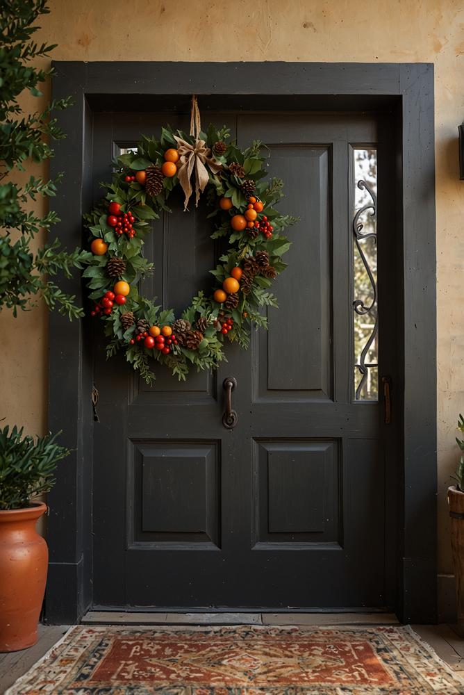 Einladende Weihnachtsdeko mit Orangen und Zimt an Haustür