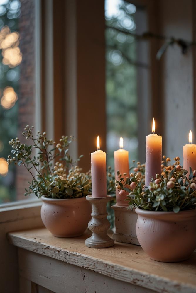 Weihnachtsdeko in Pastelltönen auf Fensterbank und Fenster