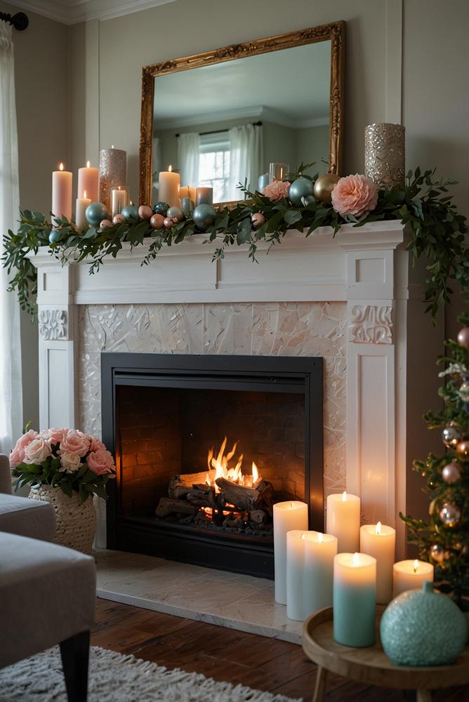 Weihnachtsdeko am Kaminsims in sanften Pastellfarben