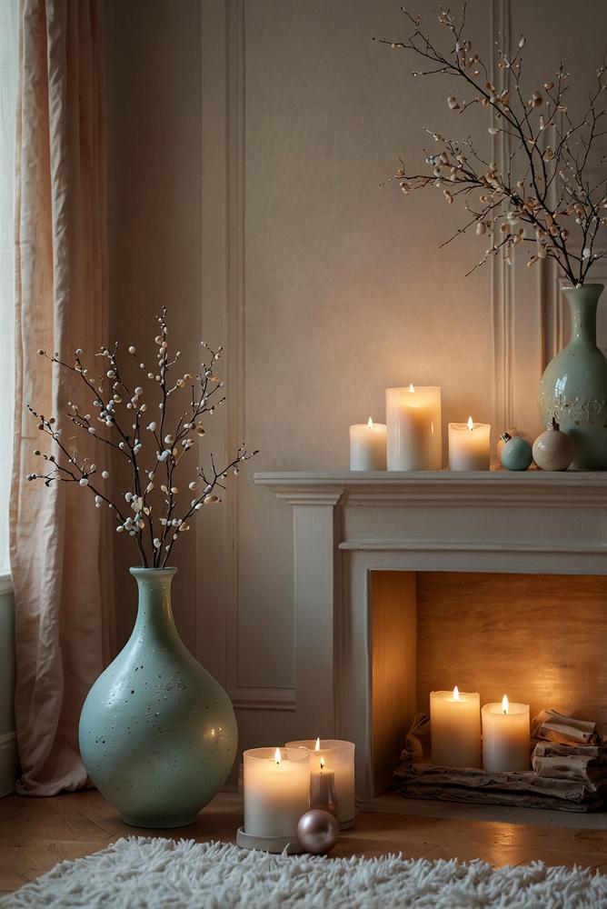 Weihnachtsdeko in sanften Pastelltönen auf Regal und Sideboard