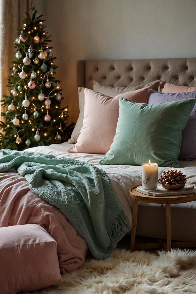 Weihnachtsdeko im Schlafzimmer mit Pastellfarben und Kerzenlicht