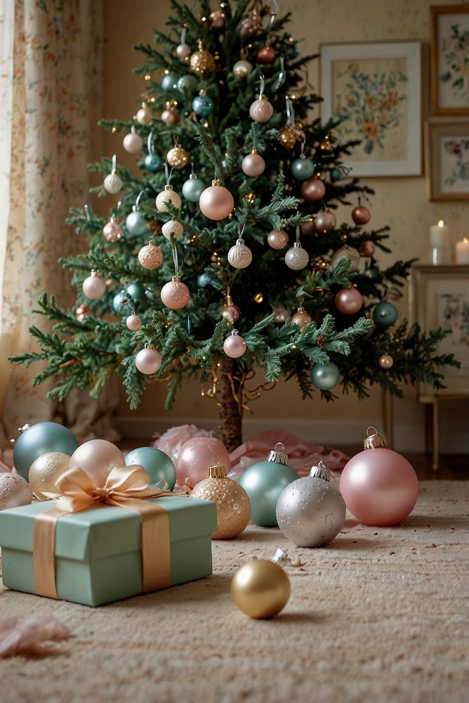 Weihnachtsbaum mit pastellfarbener Dekoration, hell und einladend