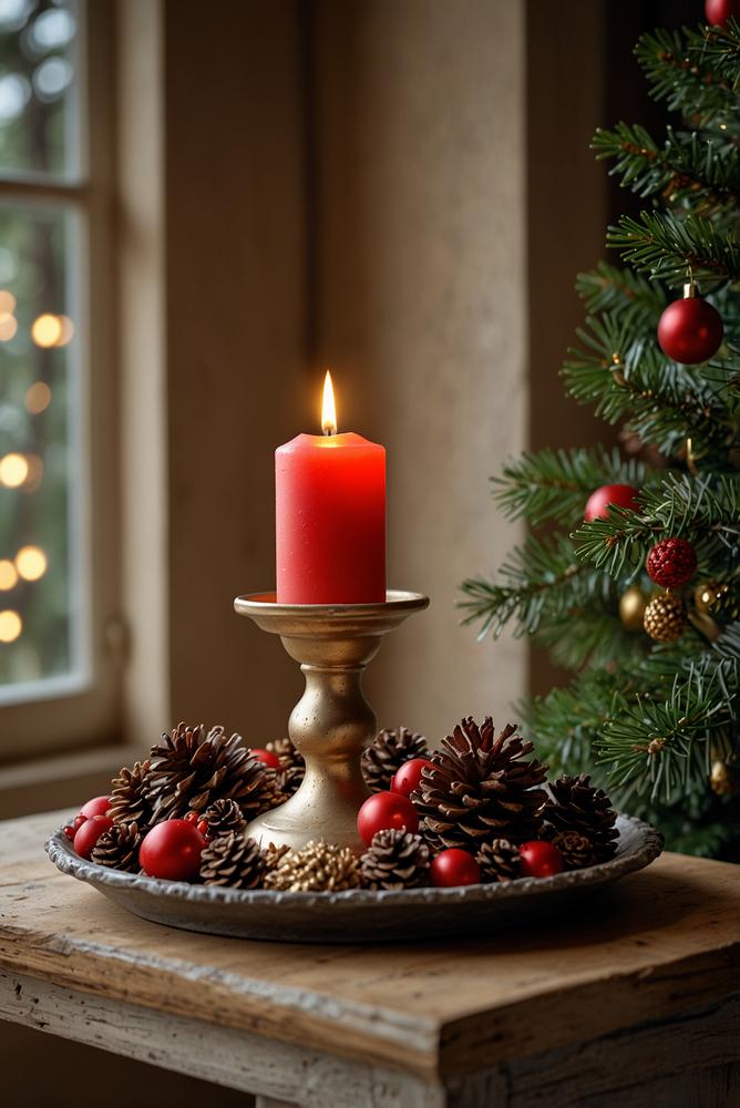 Festliche Weihnachtsdeko mit roten Kerzen und goldenen Sternen