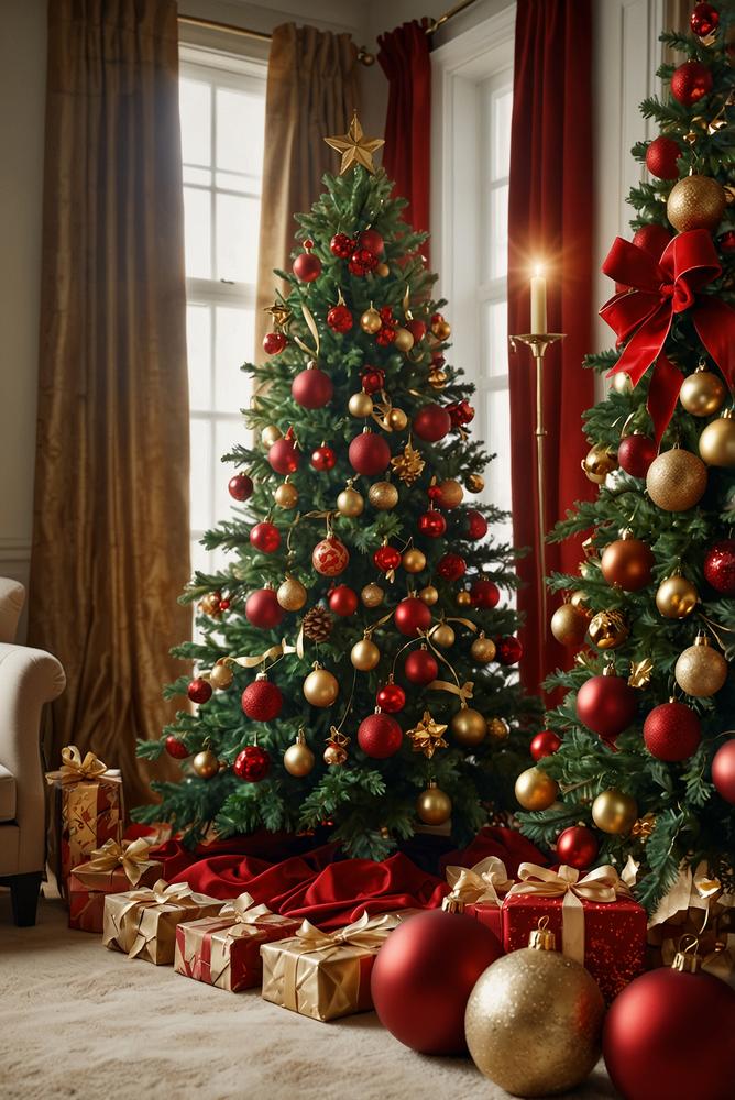 Rot-goldener Weihnachtsbaum mit Samtband und Glasornamenten