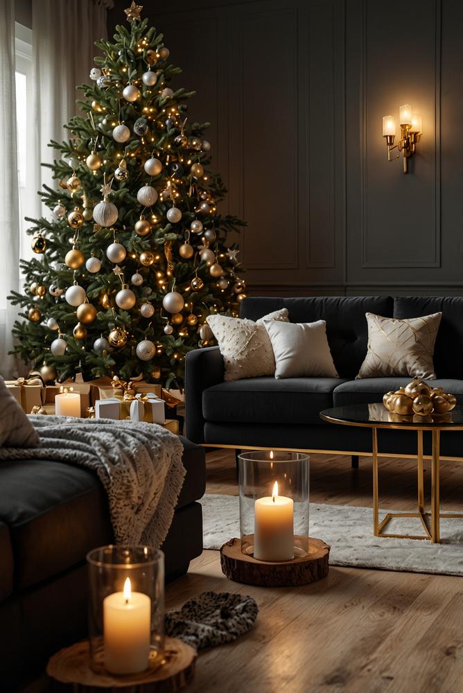 Elegante Weihnachtsdeko in Schwarz-Weiß mit goldenen Akzenten